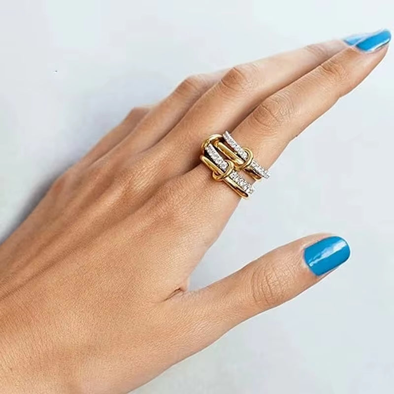 Multi-Layer Stainless Steel Ring for Women Gold Silver Color Sparkling Zircon Rings Hypoallergenic Women'S Party Jewelry