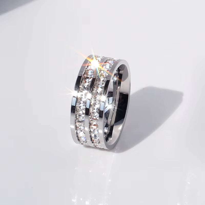 Clear White Stones Wedding Women Ring Stainless Steel 1 and 2 Rows Bling Zircon Fashion Pair Ring Female Jewelry